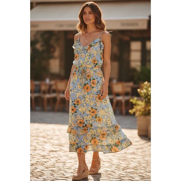 Sienna Sky Dresses & Skirts - Sienna Sky Ruffle Midi Dress Blue Floral Summer Sundress Women's L